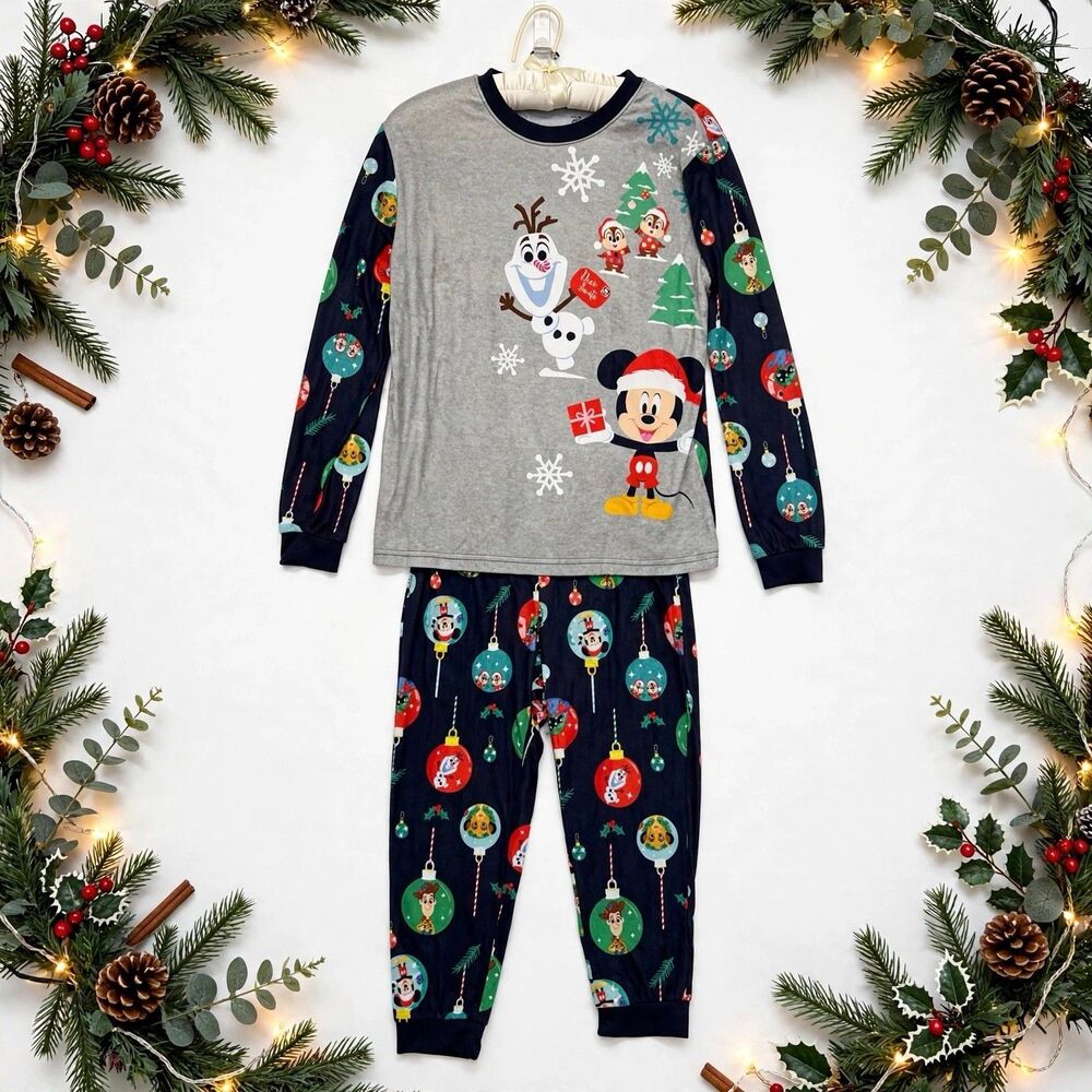 Disney Men’s Large Xmas Pajama Set Mickey Olaf Holiday Family 2-Piece Outfit NWT